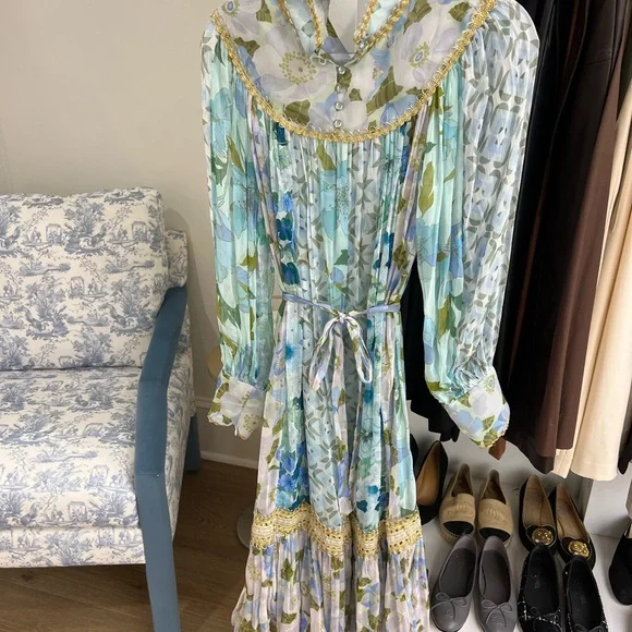 Floral Long Sleeve Dress - Blue and Green - Picture 2 of 5